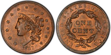 1837 1C Newcomb 12, Hidden "E" MS65RB