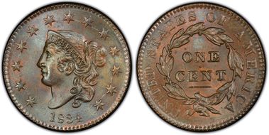 1834 1C Small 8, Newcomb 2 MS66BN