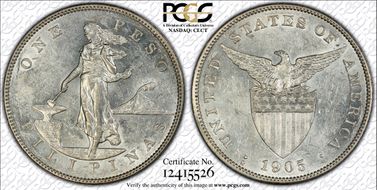 1905-S Peso Allen-16.06a Straight Serif AU55