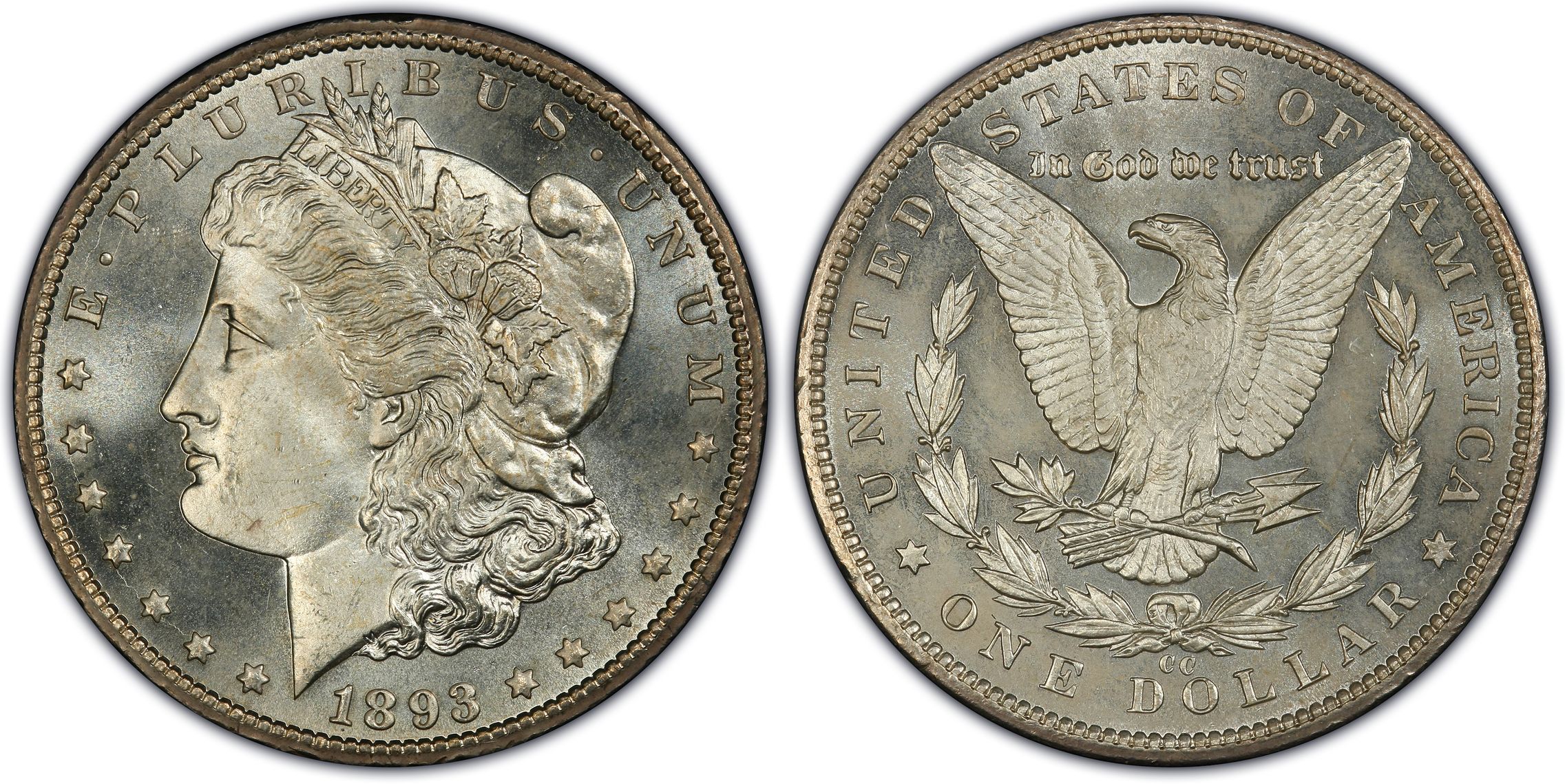 1893-CC morgan dollar — obverse and reverse, graded MS66