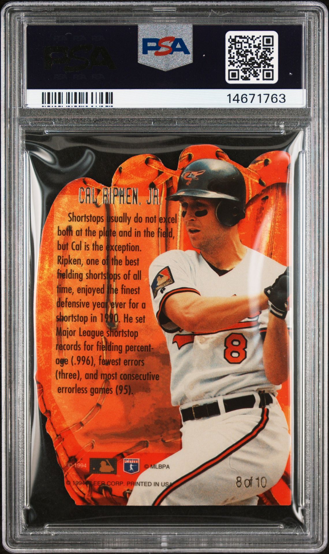 1994 Flair Hot Glove Cal Ripken Jr. #8 Gem Mt 10 back
