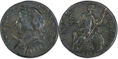1787 CT 1/2P Mailed Bust Left, Horned XF40BN