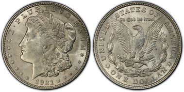 1921 $1 Morgan, Pitted Reverse AU58