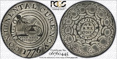 1776 $1 Continental 'Curency', Pewter MS63