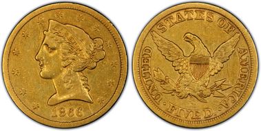 1866-S $5 No Motto VF35