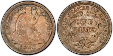 1853 10C No Arrows AU50