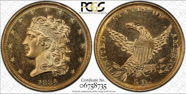 1834 $5 Classic Head, Plain 4 MS64+