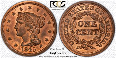 1845 1C Newcomb 6 MS65+ RB