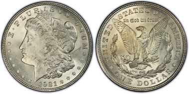 1921 $1 Morgan, Pitted Reverse MS63