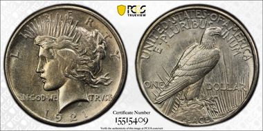 1921 $1 High Relief, Peace AU55