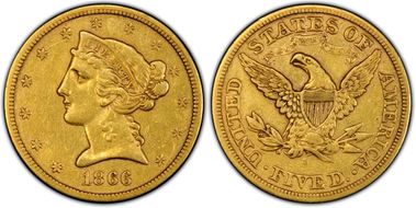 1866-S $5 Motto XF40