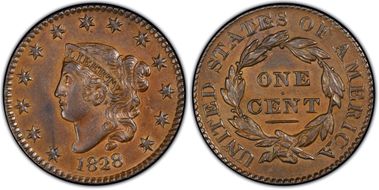 1828 1C Large Narrow Date AU58BN
