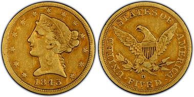 1843-D $5 Small D VF30