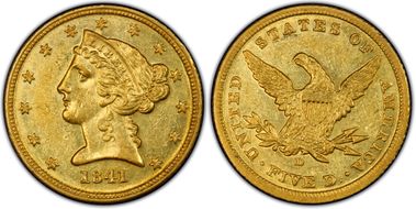 1841-D $5 Small D AU58