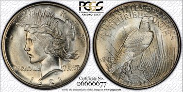 1921 $1 High Relief, Peace MS66