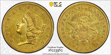 1854 $20 Kellogg & Co. AU50