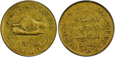 1849 $5 Oregon Exchange Co. AU58