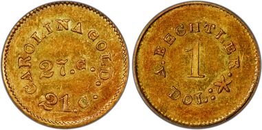 (1842-50) G$1 A. Bechtler 27 Grains, 21 Carat PE MS62