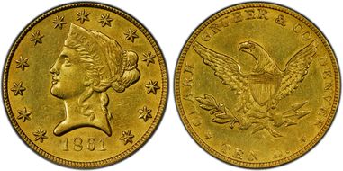 1861 $10 Clark, Gruber & Co. AU58