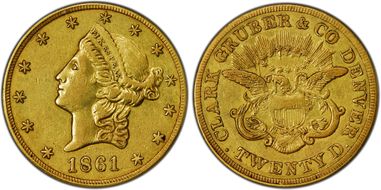 1861 $20 Clark, Gruber & Co. AU50+