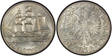 1936(w) 5 Zl Gdynia Seaport KM-31  Ag MS62