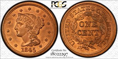 1845 1C Newcomb 9 MS64RD
