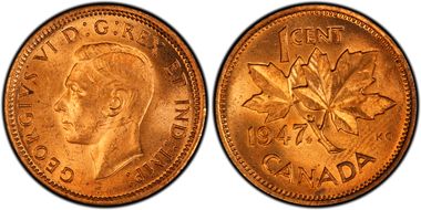 1947 1C Maple Leaf Blunt 7 MS63RD