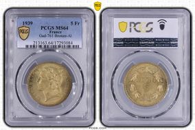 1939 5 Fr Gad-761 Bronze-Al MS64