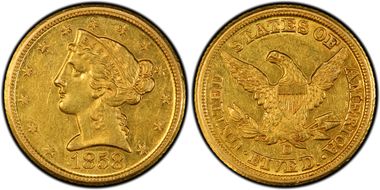 1858-D $5 AU55