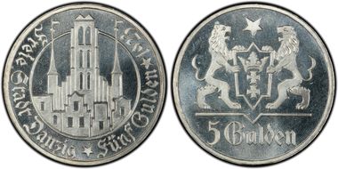 1923 5 Guld Marienkirche KM-147  Ag PR65+ CAM