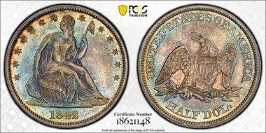 1842 50C Medium Date AU55+