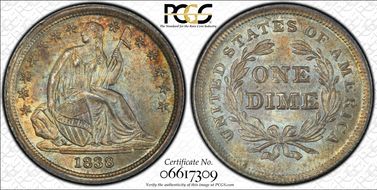 1838 10C No Drapery, Large Stars MS65