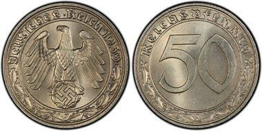 1939-F 50 Pfg J-365 Nickel MS65