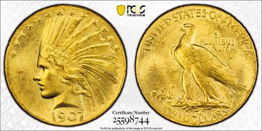 1907 $10 Indian, Wire Rim MS65+
