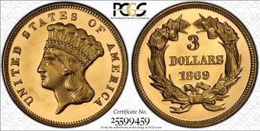 1869 $3 PR65CAM