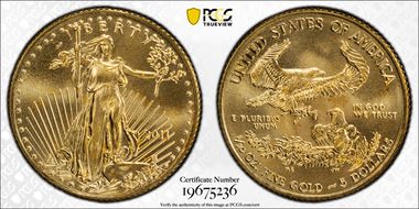 2011 $5 Eagle-25th Anniversary First Strike MS70