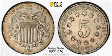 1869 5C AU58+
