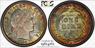 1916-S 10C Barber MS62