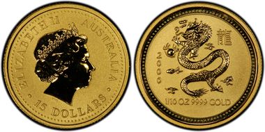 2000 $15 Year of the Dragon 1/10oz Au MS69