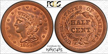 1854 1/2C MS64+ RB