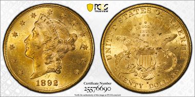 1892-S $20 MS63