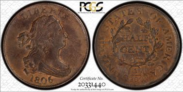 1806 1/2C Small 6, No Stems AU58BN