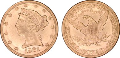 1881 $5 AU58