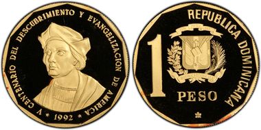 1992(c) Peso Columbus Au PR67DCAM