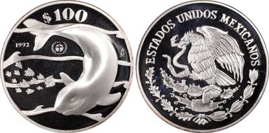 1992-Mo 100 P Vaquita Porpoise KM-566  Ag PR69DCAM