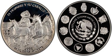 2000-Mo 5 Peso Paso de la Muerte Ag Man and his Horse PR68DCAM