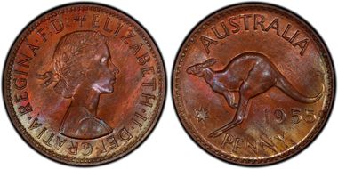 1955 Y. (p) 1D Melbourne obverse MS63RB