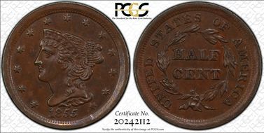 1855 1/2C AU58BN