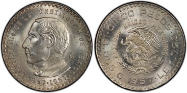 1957-Mo 5 Peso Constitution KM-470  Ag MS66