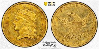 1834 $5 Classic Head, HM-7 AU58